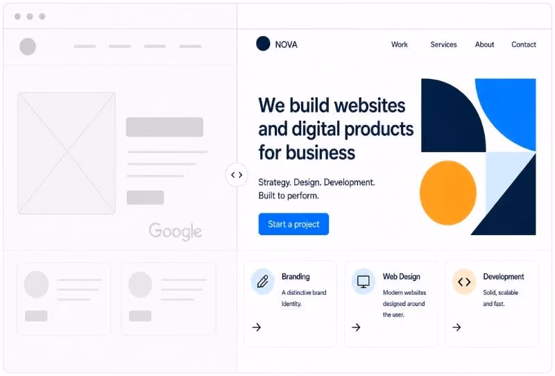 NOVA webpage design presenting branding, web design and development services.