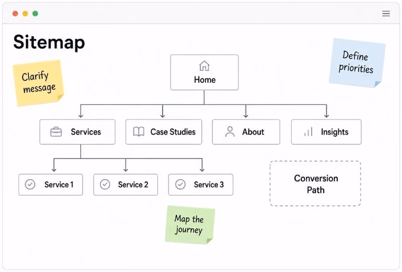 Website sitemap diagram with Home leading to Services, Case Studies, About, Insights and a conversion path.